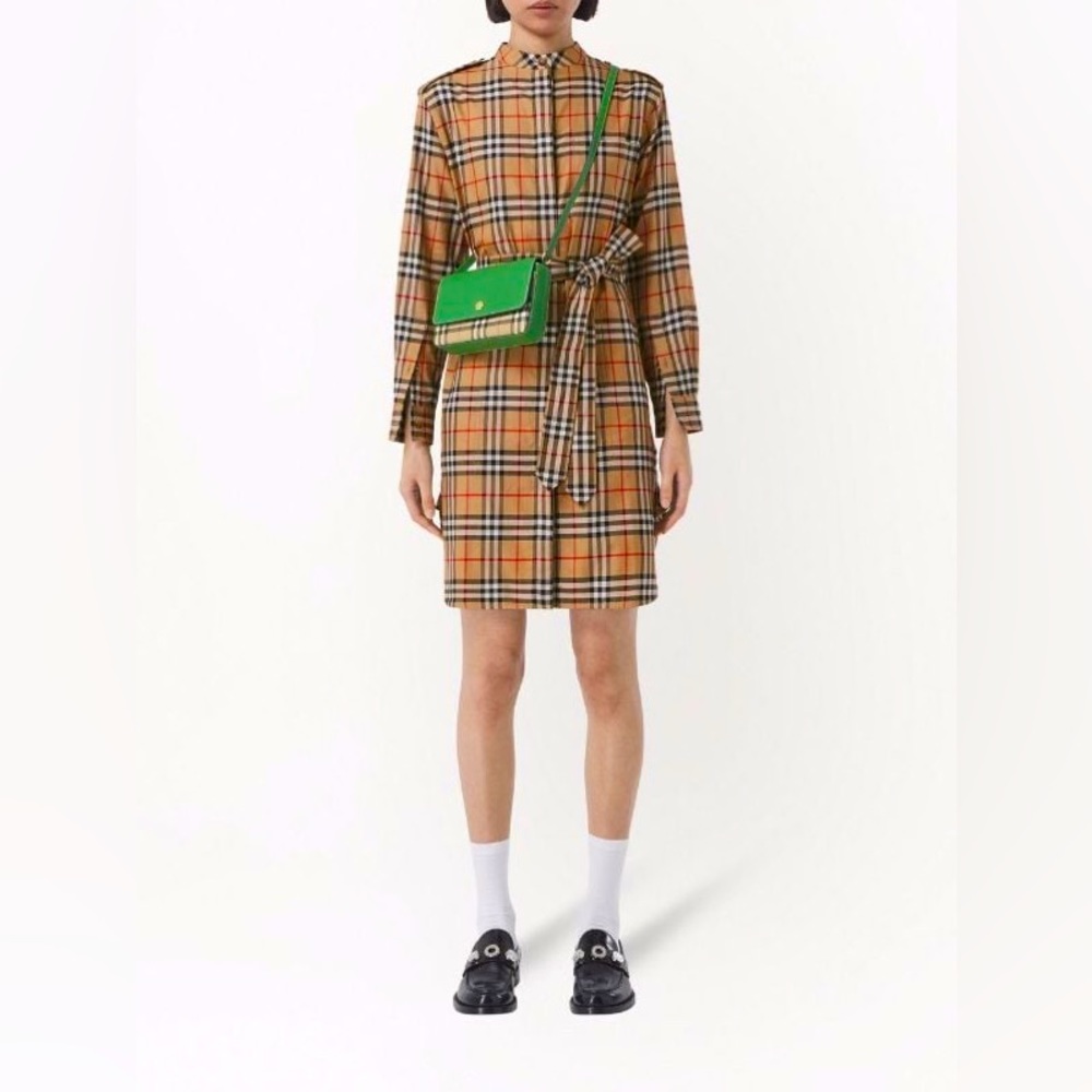 Burberry Tan Check Long Sleeve Shirt Dress with Black and Red Accents